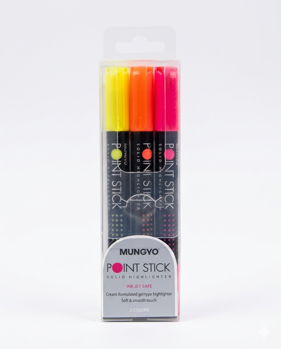 MUNGYO POINT STICK SOLID HIGHLIGHTER, SET OF 3 ASSORTED COLORS