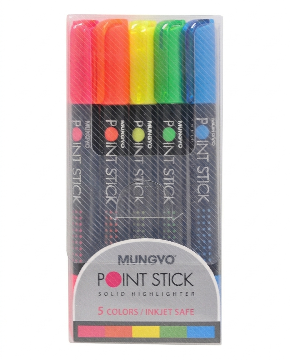MUNGYO POINT STICK SOLID HIGHLIGHTER, SET OF 5 ASSORTED COLORS
