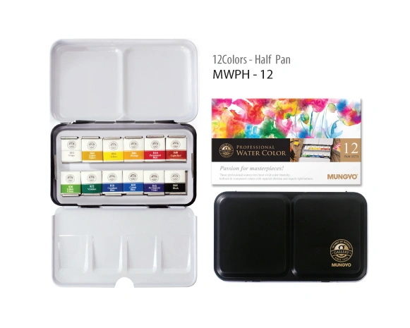 MUNGYO GALLERY ARTISTS' WATERCOLOR HALF PANS, SET OF 12 ASSORTED COLORS IN METAL TRAVEL CASE
